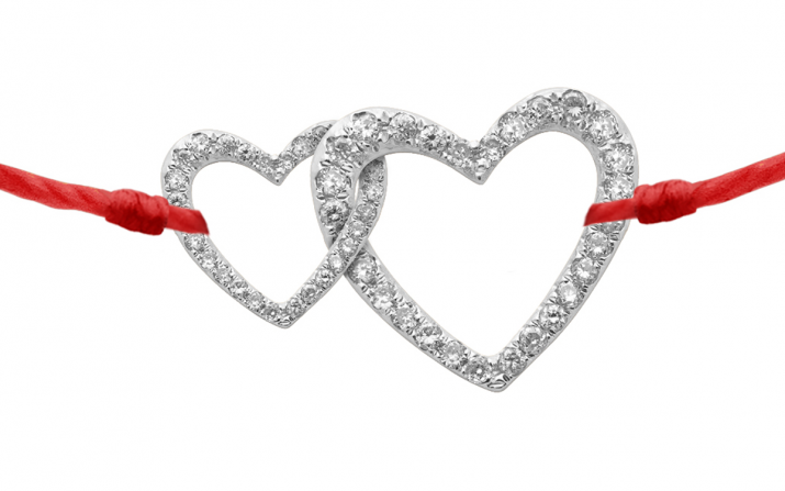 Bracelet fil 2 coeurs entrelacés or blanc pavé diamants - Redline - 0++