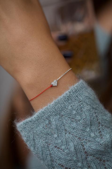 Bracelet fil et chaîne coeur or blanc double pavé diamant - Redline - 0++