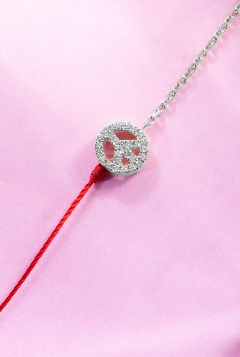 Bracelet fil et chaîne Mini Peace or blanc pavé diamants - Redline - 0++