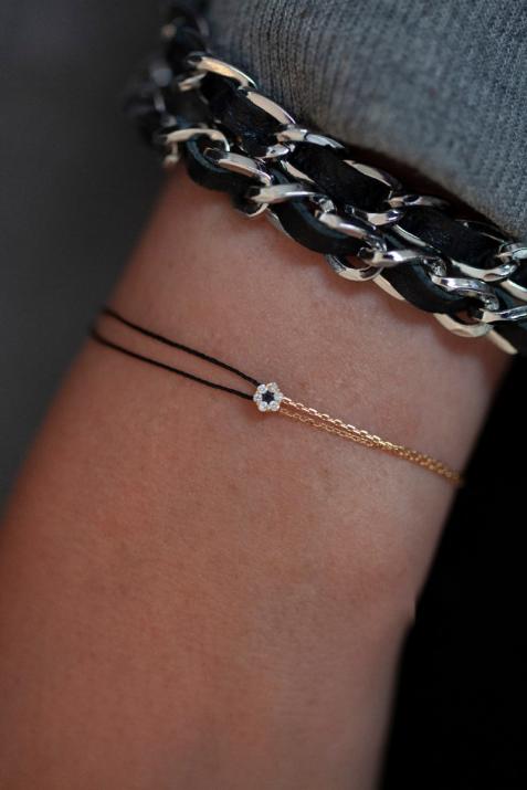 Bracelet fil et chaîne avec diamants blancs et diamant noir en or jaune - Redline - 0++