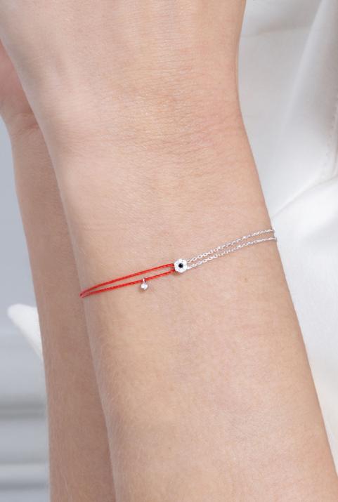 Bracelet fil et chaîne duo avec diamants blancs et diamant noir or blanc - Redline - 0++