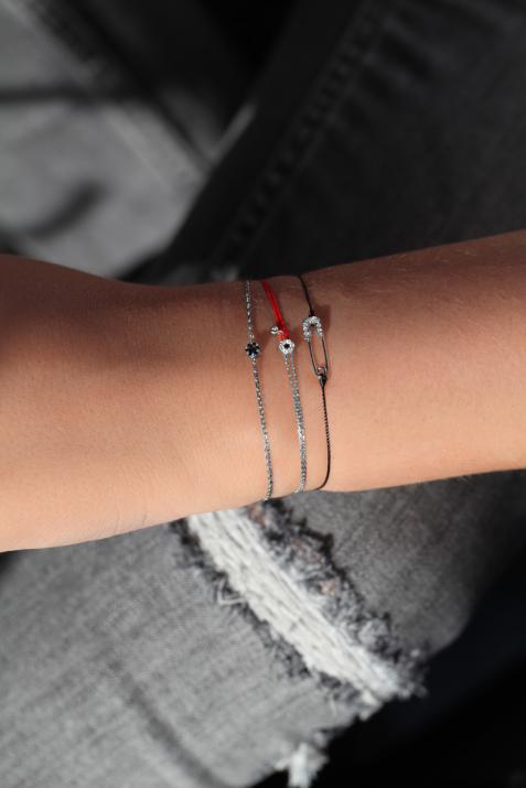 Bracelet fil et chaîne duo avec diamants blancs et diamant noir or blanc - Redline - 0++