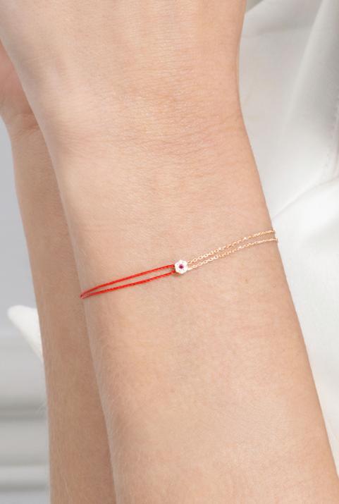 Bracelet fil et chaîne en or rose avec diamants 0,05 ct et saphir rose - Redline - 0++