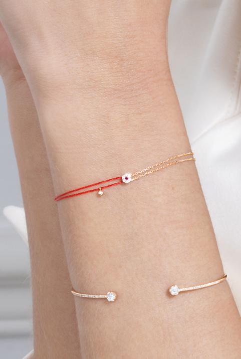 Bracelet fil et chaîne en or rose avec diamants 0,06 ct et saphir rose - Redline - 0++