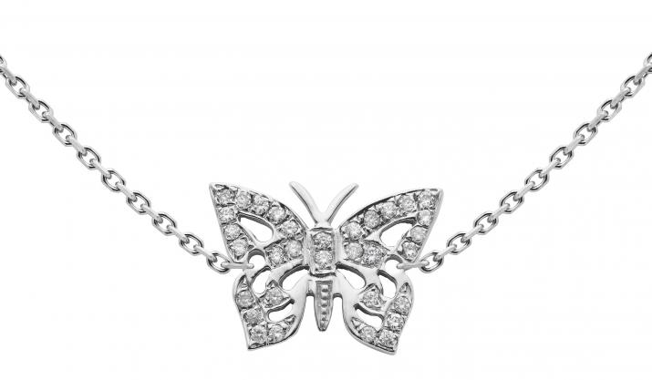 Collier chaîne papillon or blanc pavé diamants - Redline
