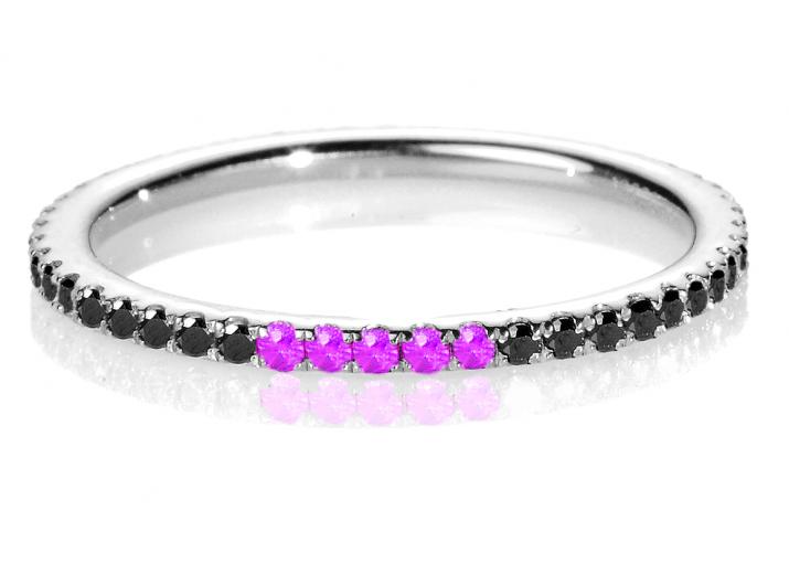 Bague jonc or noir avec diamant noir et 5 rubis - Redline - 0++