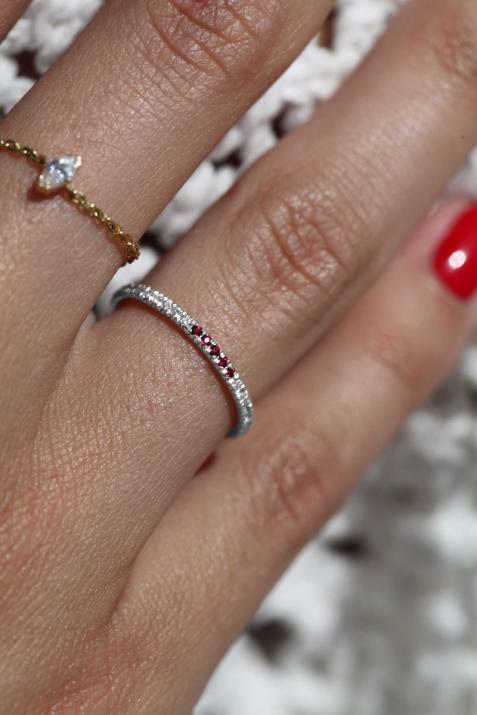Bague jonc or blanc avec diamant blanc et 5 rubis - Redline - 0++