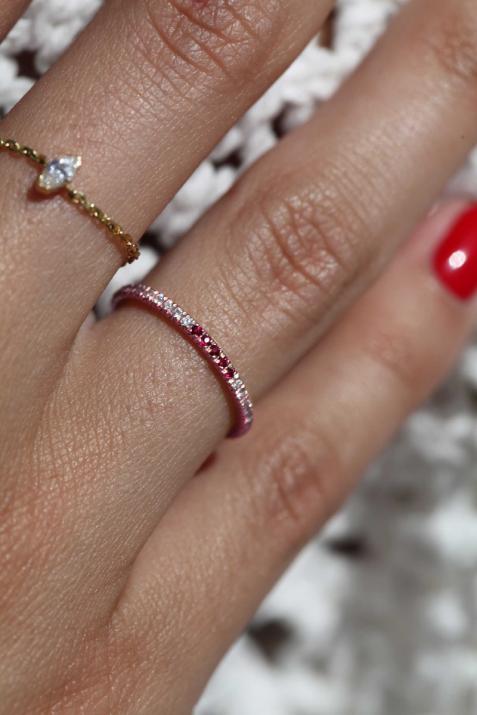 Bague jonc or rose avec diamant blanc et 5 rubis - Redline - 0++