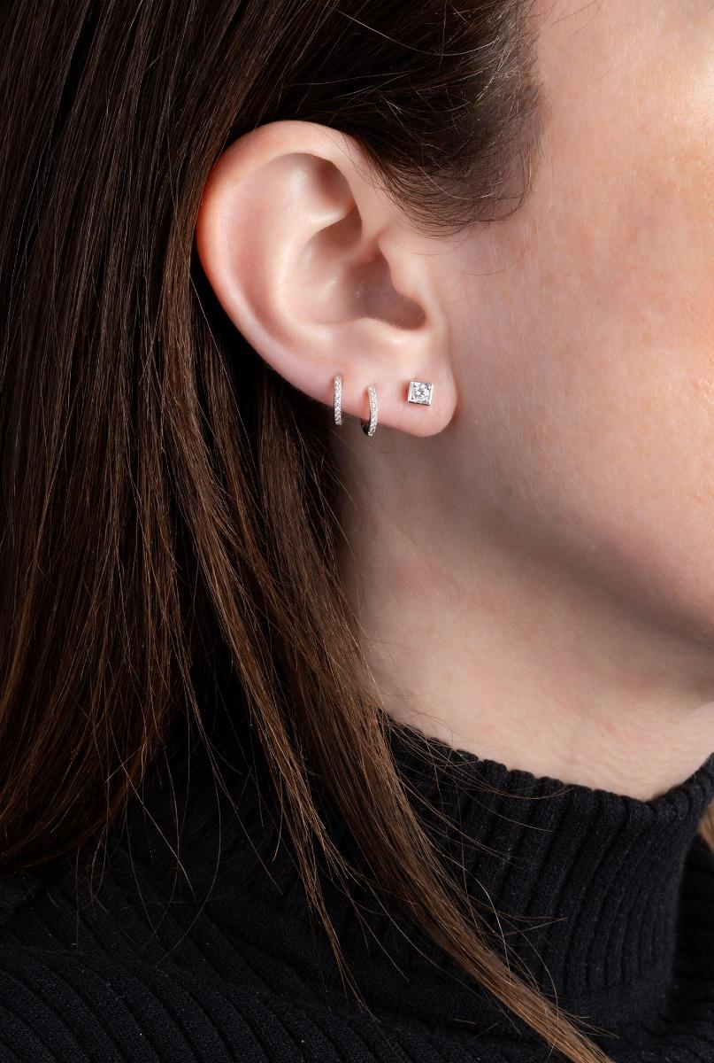 Boucles D'oreilles Puces En Or Gris 9K - Serti Diamant Cz Carré 6mm - Marque Dolly-Bijoux - Neuf