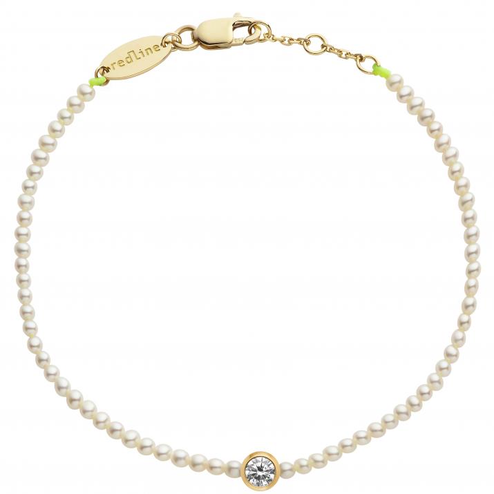 Bracelet fil avec des petites perles d'eau douce et 1 diamant 0.10 carat en serti clos or jaune - Redline - 0++