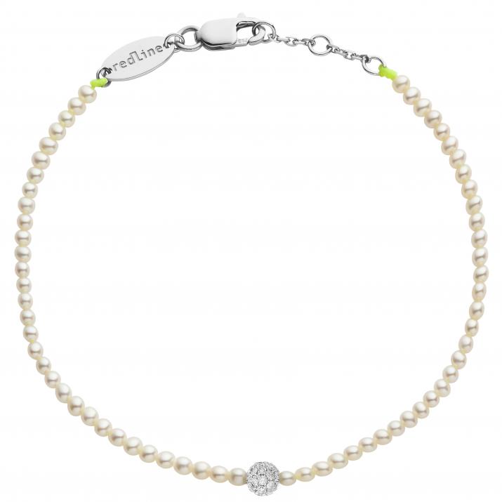 Bracelet fil avec des petites perles d'eau douce et une boule incrustée de diamants 0.19 carat or blanc - Redline - 0++