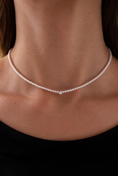 Collier avec perles et diamant en serti invisible or blanc - Redline - 0++