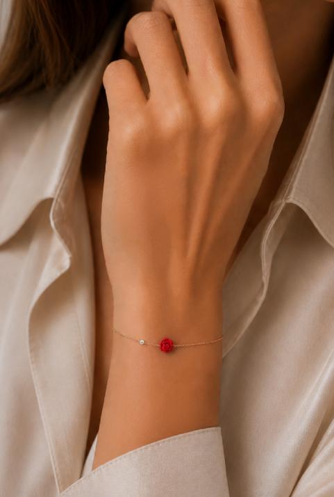 Bracelet chaîne avec diamant 0.05 carat en serti clos or rose fleur - Redline - 0++