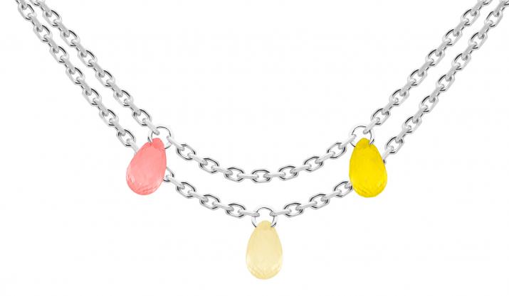 Collier 2 chaînes avec saphir de couleur en serti griffe or blanc - Redline - 0++