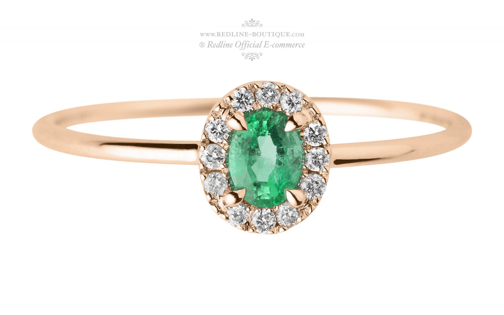 Redline Bijoux Diva Emeraude Bague avec 0.06ct Diamant et Emeraude Oval en Or Rose Serti Griffe Redline