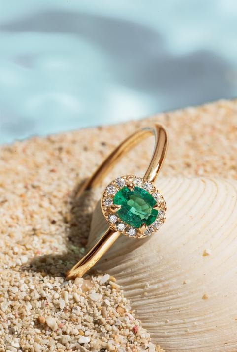 Bague jonc émeraude et diamants en serti griffe or rose - Redline - 0++