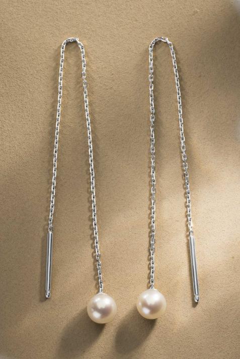 Boucles d'oreilles chaînes or blanc avec perle d'Akoya - Redline - 0++