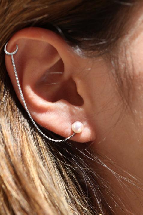 Boucle d'oreille chaînette or blanc avec perle d'Akoya - Redline - 0++