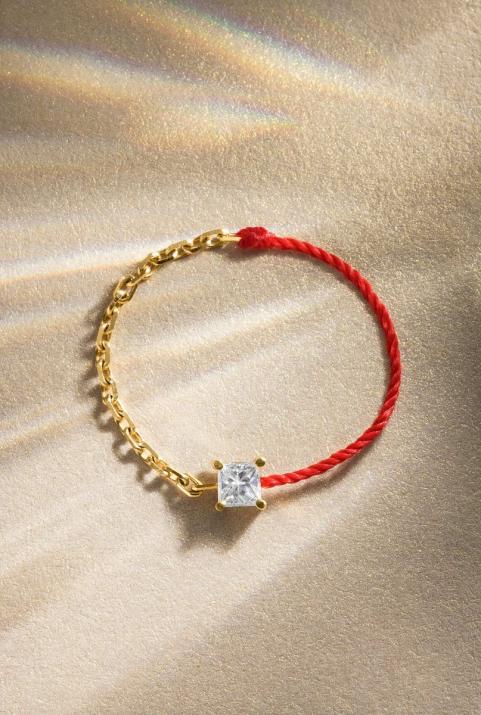 Bague fil et chaîne avec diamant princesse 0.11 carat en serti griffe or jaune - Redline - 0++