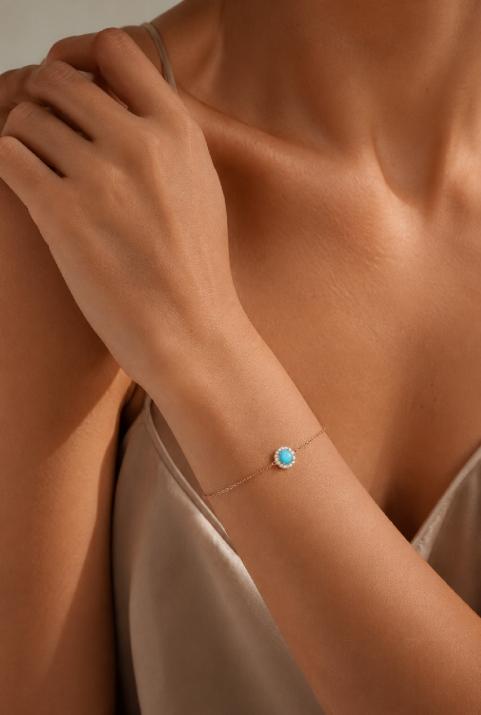 Bracelet chaîne turquoise et diamants en serti griffe or rose - Redline - 0++