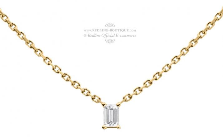 Collier chaîne avec diamant baguette 0.10 carat en serti griffe or jaune - Redline - 0++