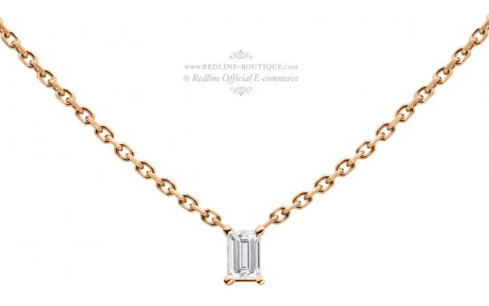 Collier chaîne avec diamant baguette 0.10 carat en serti griffe or rose - Redline - 0++