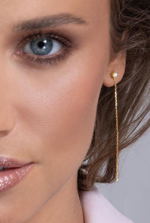 Puce d'oreille en diamant avec chaine or jaune amovible - Redline - 0++