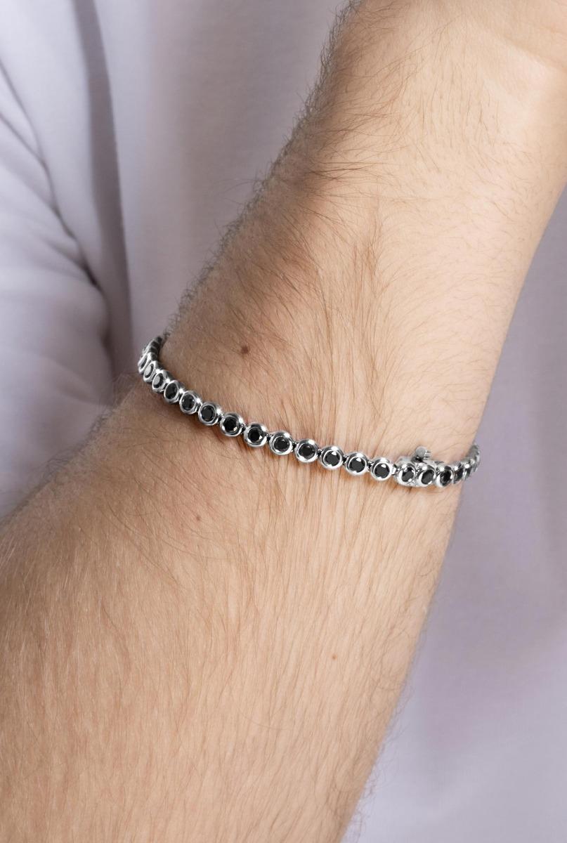 Bracelet Rigide Rétro Couleur Argent Anthracite Avec Cabochons Résine Noire - Modèle 671 - Occasion Très Bon état