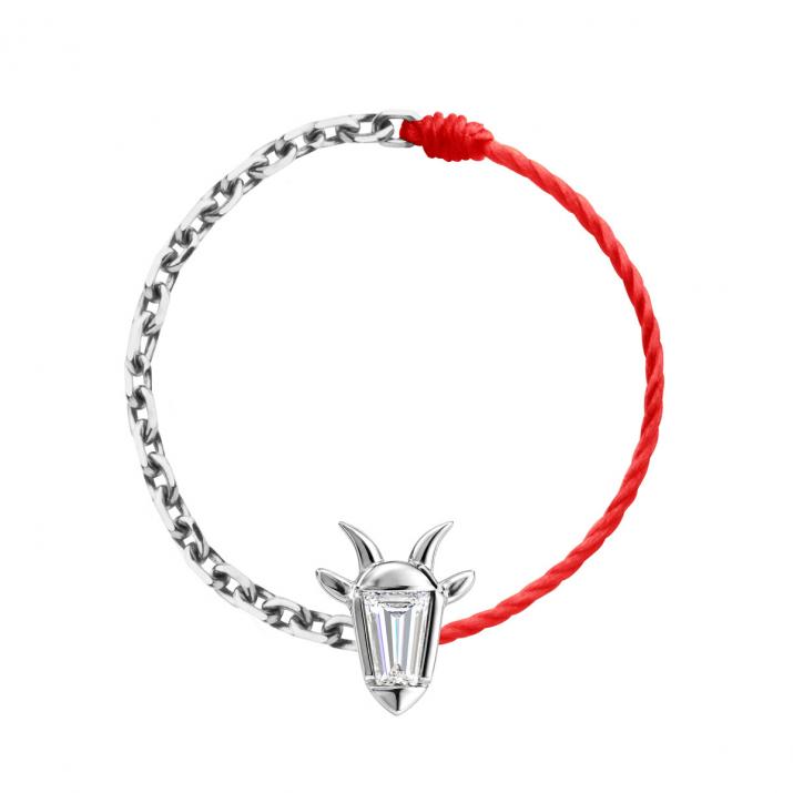 Bague mi-fil mi-chaîne en or blanc 18K, tête de chèvre et diamant taille trapèze 0,04 ct - Redline