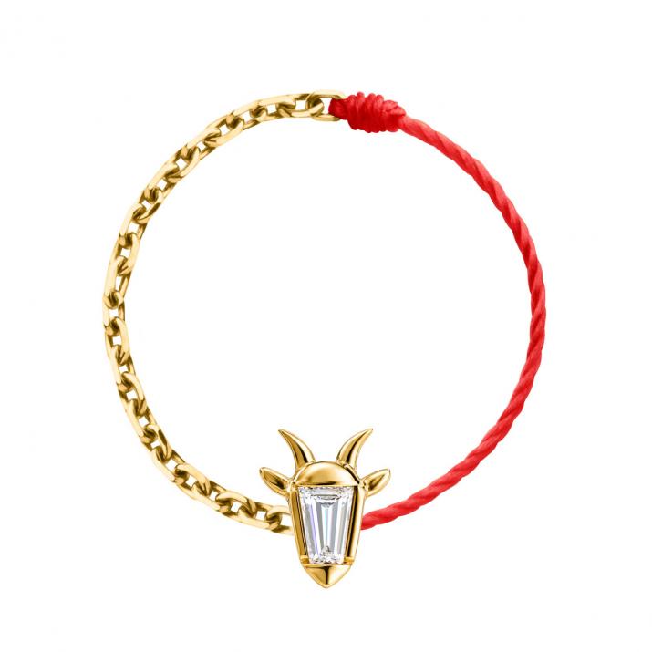 Bague mi-fil mi-chaîne en or jaune 18K, tête de chèvre et diamant taille trapèze 0,04 ct - Redline