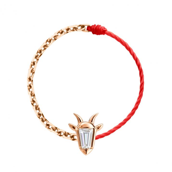 Bague mi-fil mi-chaîne en or rose 18K, tête de chèvre et diamant taille trapèze 0,04 ct - Redline