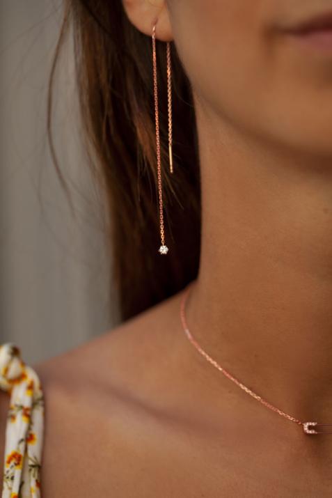 Boucle d'oreilles chainette or rose diamant puce 0.20 ct - Redline - 0++