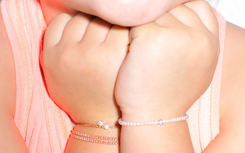 Redline Bijoux - Diamond & Pearl Bébé Pure (S) - Bracelet Fil Enfant avec  0.05ct Diamant et petits Perles en Or Rose Serti Clos - Redline