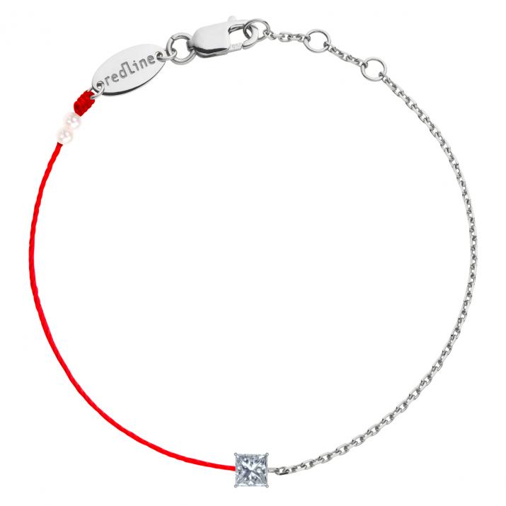 Bracelet fil et chaîne avec diamant princesse 0.12 carat monté en griffe or blanc - Redline - 0++