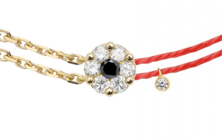 Bracelet fil et chaîne duo avec diamants blancs et diamant noir or jaune - Redline - 0++