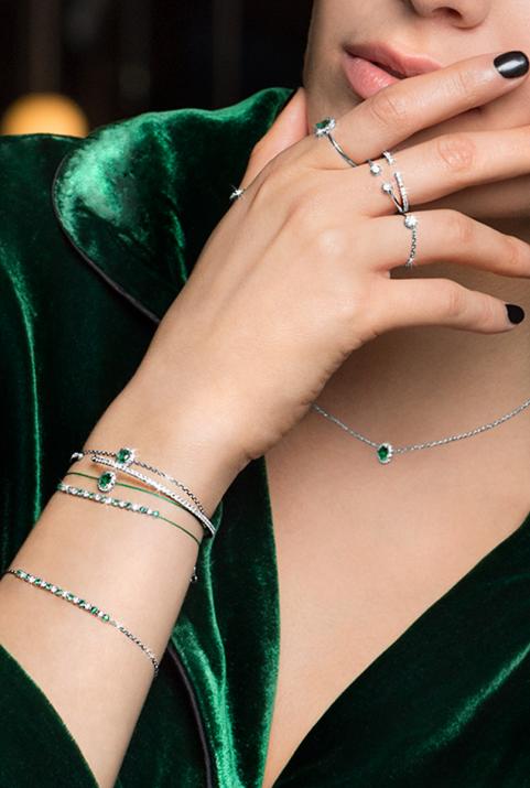 Bracelet chaîne émeraude et diamants or blanc - Redline - 0++