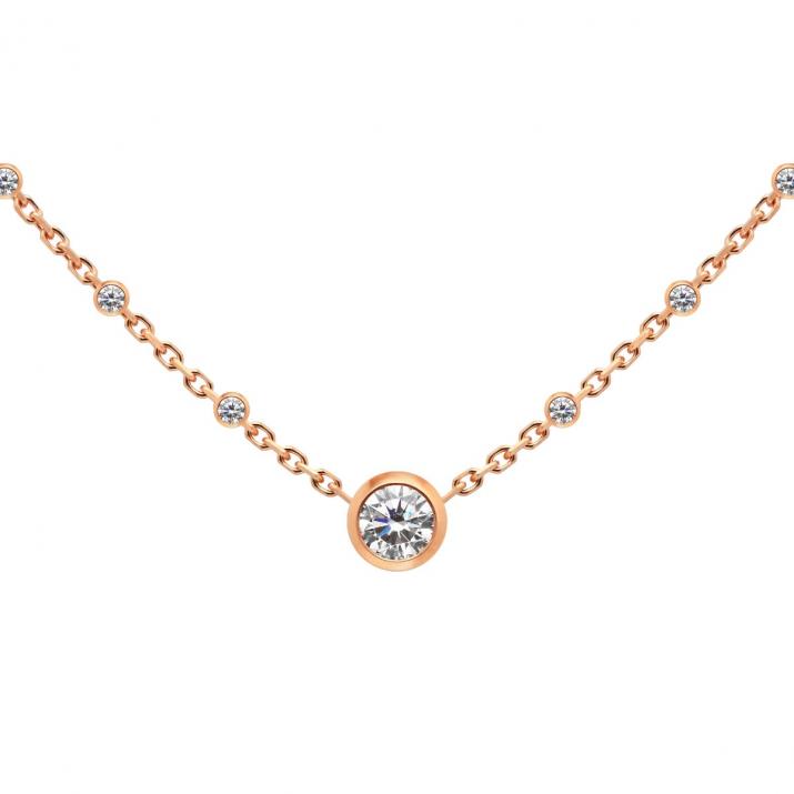 Collier chaîne avec diamant entouré de petits diamants en serti clos or rose - Redline - 0++