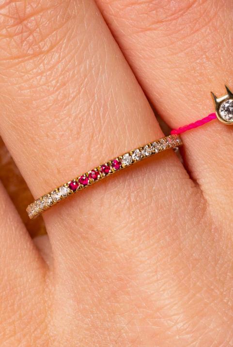Bague jonc or jaune avec diamant blanc et 5 rubis - Redline - 0++