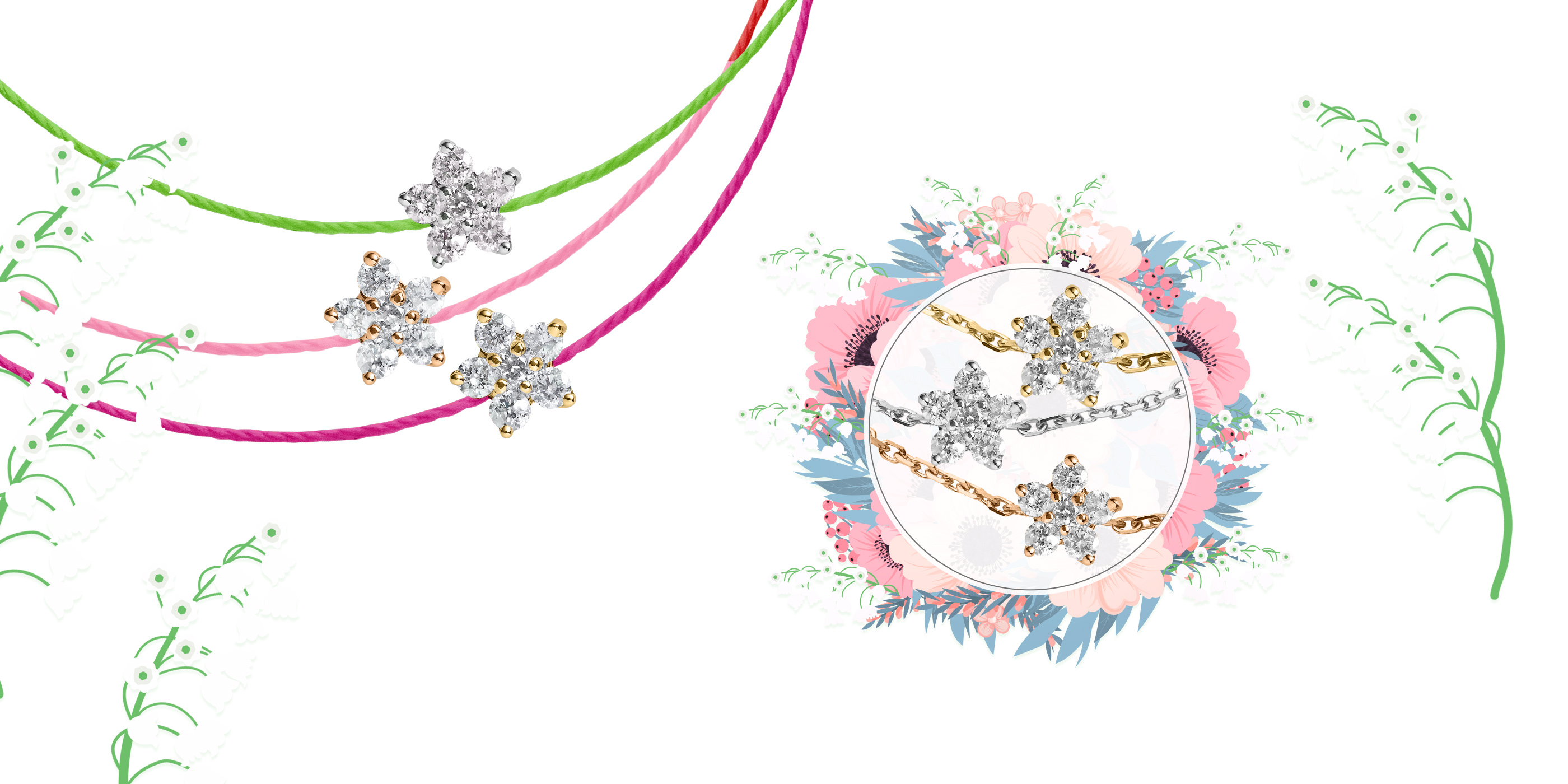 bracelet diamant fleur or blanc or jaune or rose