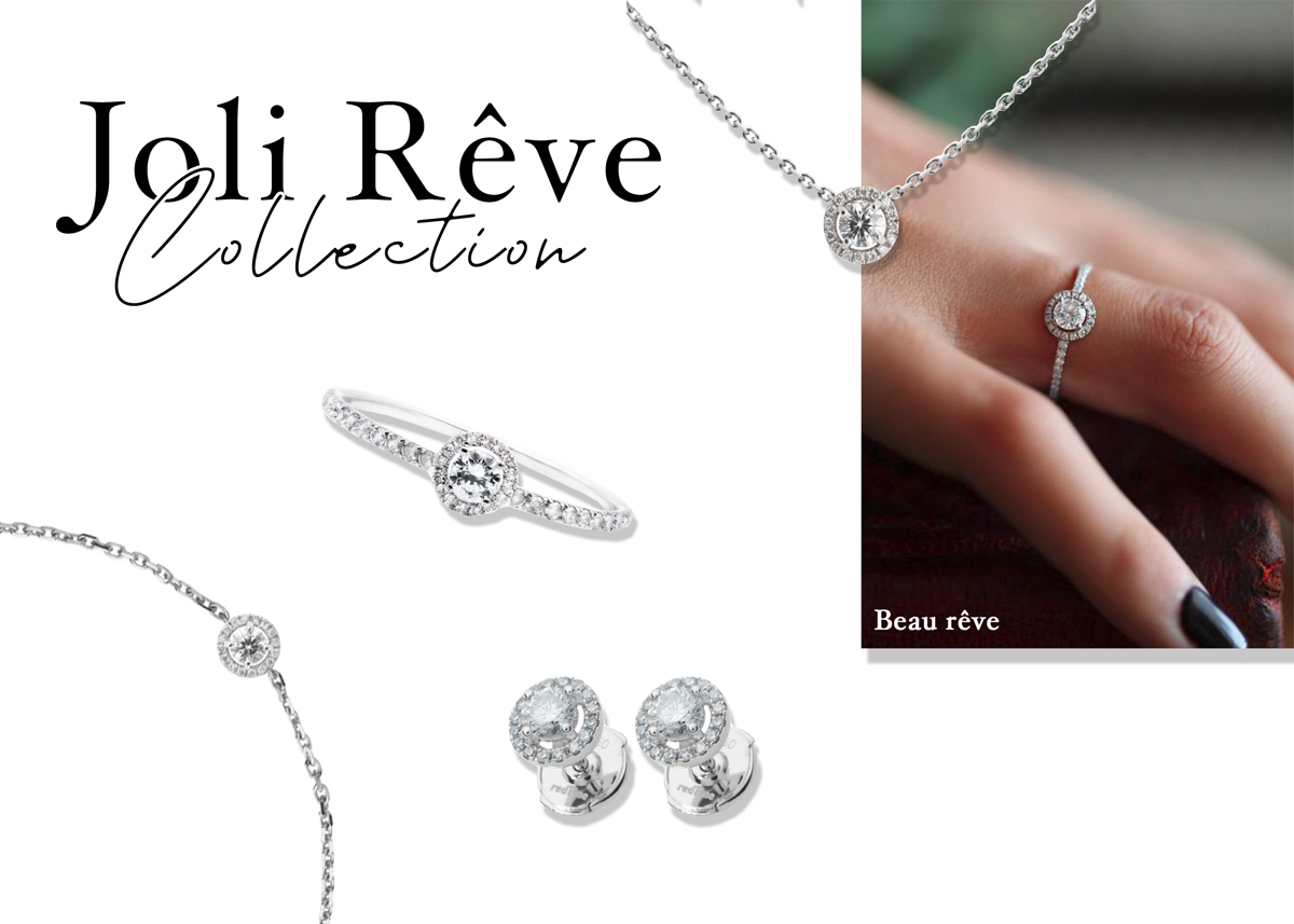 Collection de bijoux Joli Rêve par Redline Paris, bagues, boucles d'oreilles, bracelets et colliers avec diamants ronds