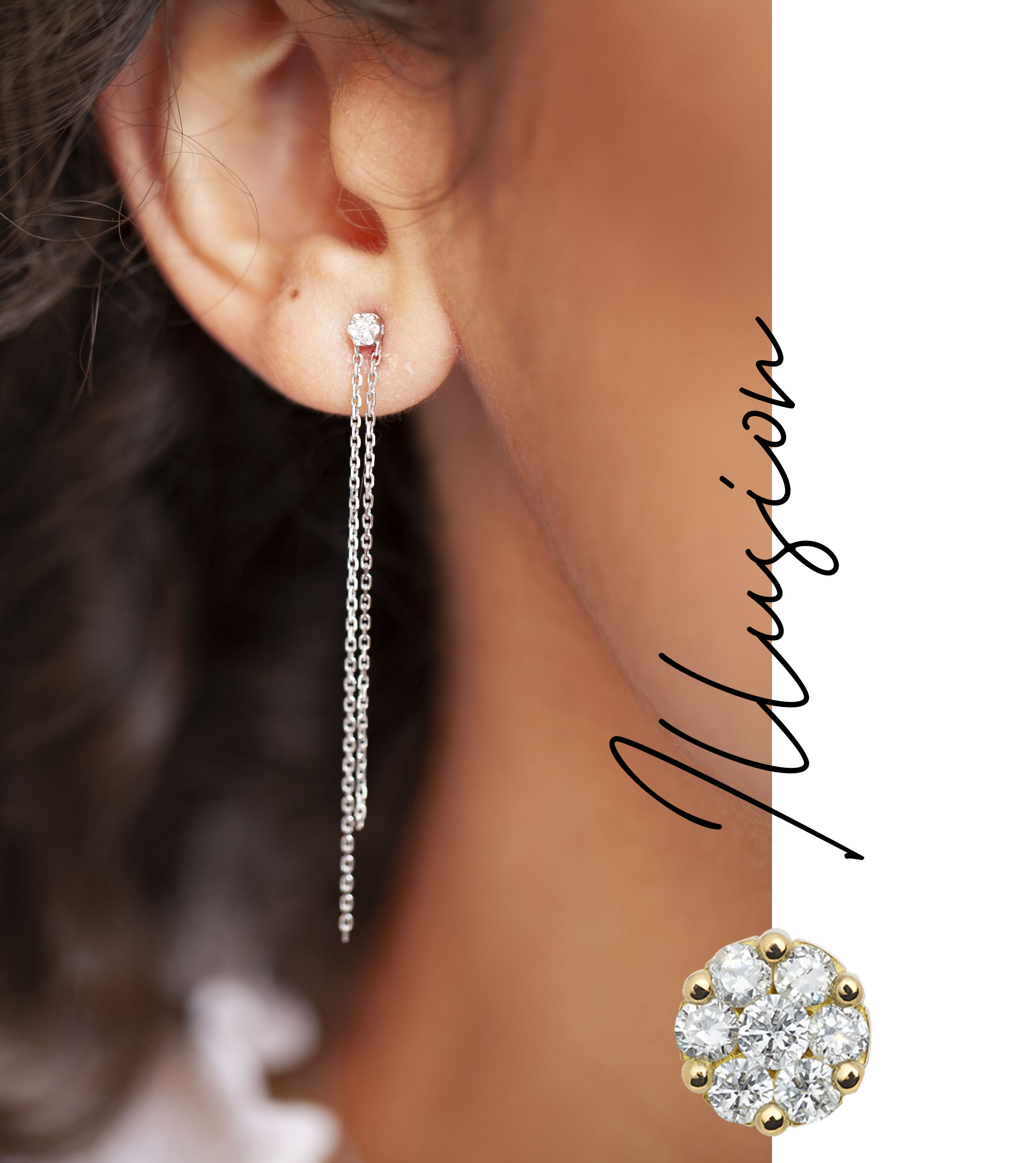 Boucles d'oreilles pendantes petits diamants et chaîne redline paris
