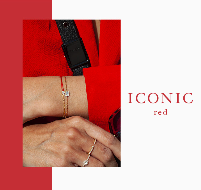 Bracelet double fil rouge porte bonheur et chaine en or avec un diamant au milieu accompagné de bagues pavées diamants pour femme